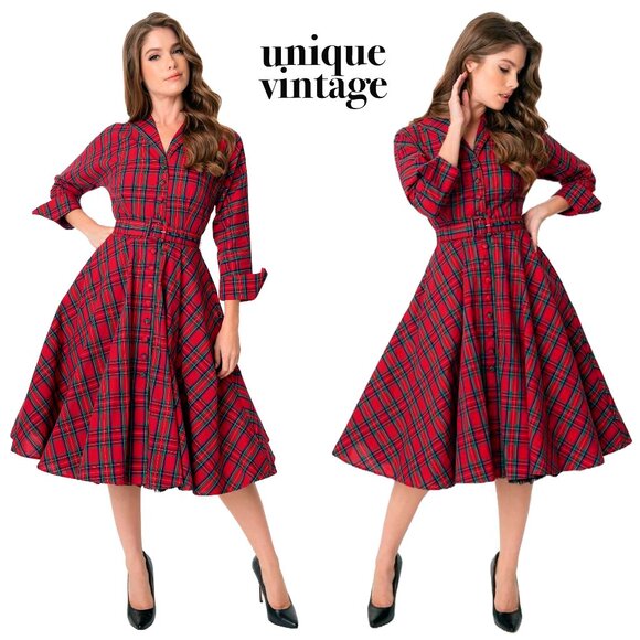 UNIQUE VINTAGE ~ Plus Size 1950’s Red Plaid Swing Dress ~ 2x/18 NWOT - Picture 1 of 13